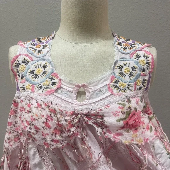 Pink Upcycled Boho Shabby Chic High Low  Dress with  Ruffles & Appliqués, Size M - Picture 7 of 13